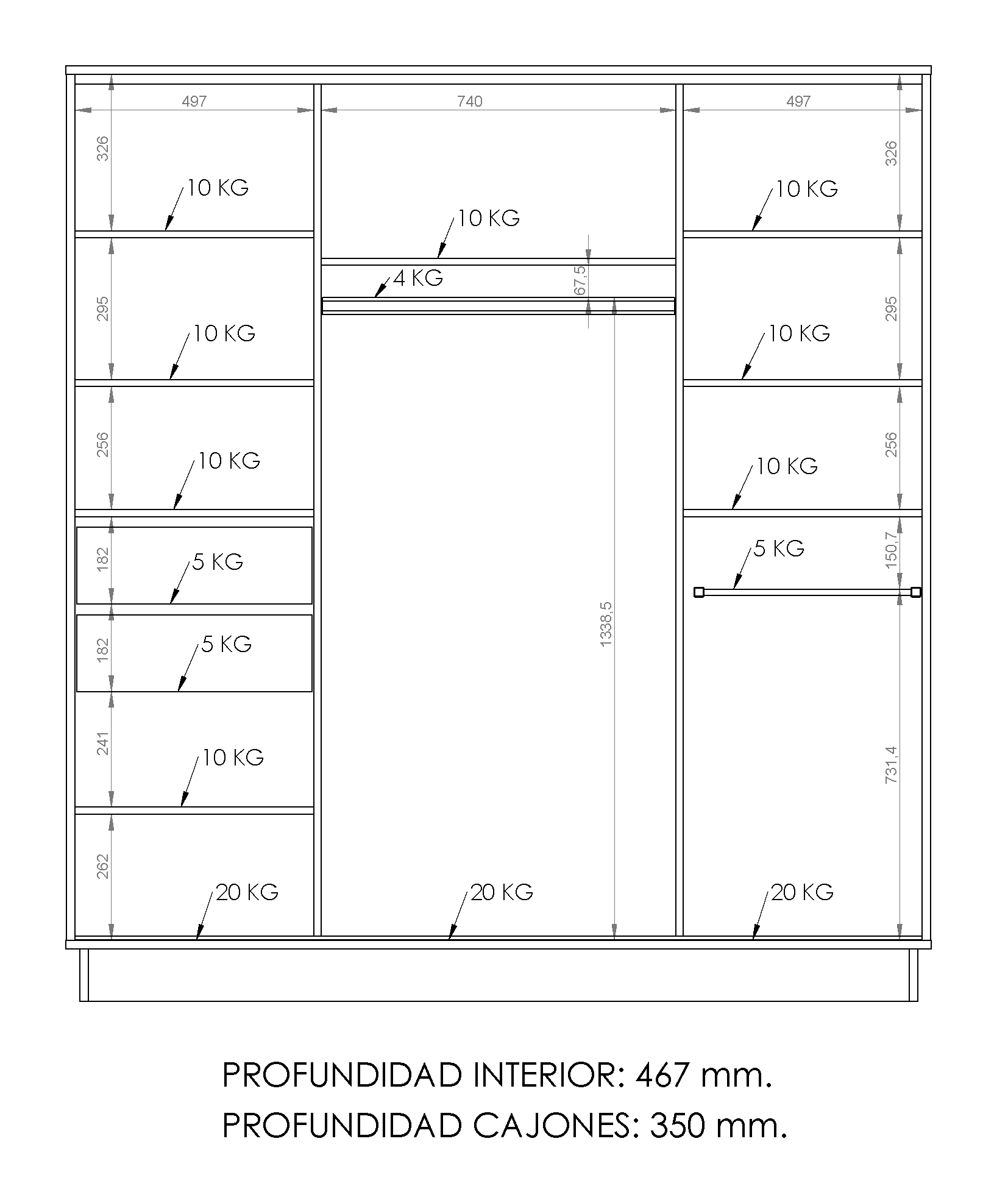 Placard de 2 puertas corredizas, de 180 cm. Cód. "PE180" de Dielfe. - Imagen 2
