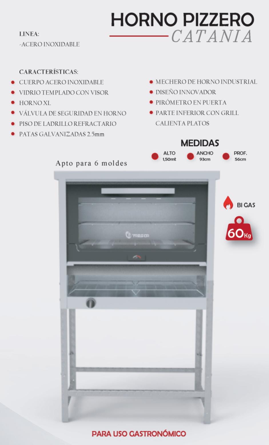 Horno Pizero "Catania", para 6 moldes. BIGÁS para uso gastronómico y del hogar. Modelo "Catania HPC-BG ", de Taesca. - Imagen 3