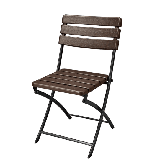 Silla plegable ultra liviana, de caño con asiento y respaldo de plástico marron. Modelo: "YC-043".
