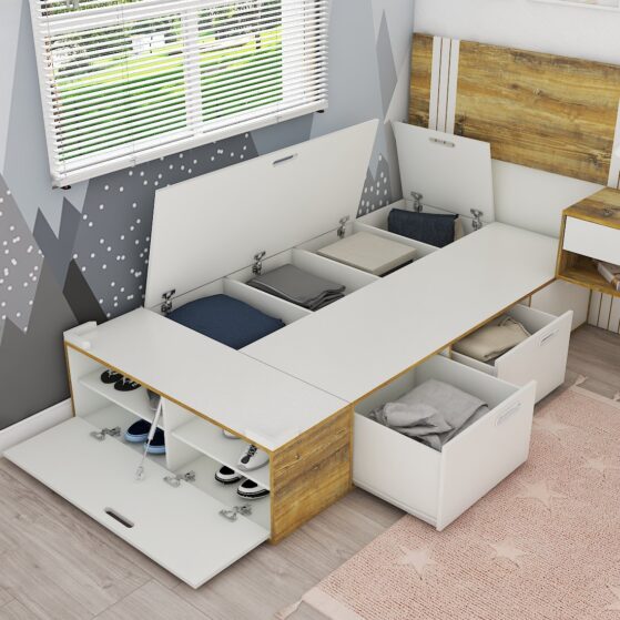 Cama Box "NB101112" con cajonera lateral y lateral con frente para guardado. Línea Nordic, de La Esperanza.