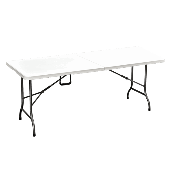 Mesa plegable Plástica 180 x 75 cm con Tapa Blanca Lisa. Patas de acero. Modelo "ZK180".