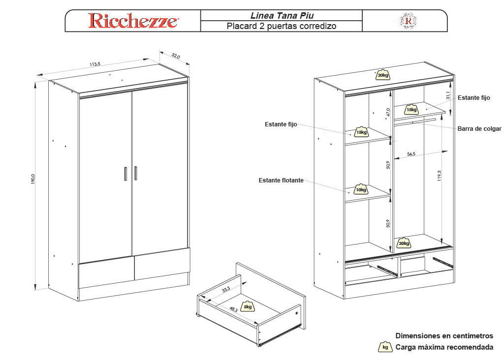 Placard Tana Più 2 Puertas Corredizas 2 cajones. Colores disponibles. Línea «Tana Piu», de Ricchezze. - Imagen 2