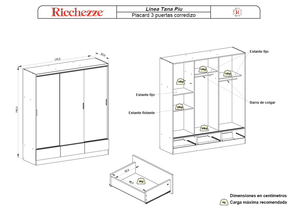 Placard Tana Più 3 Puertas Corredizas 3 cajones. Colores disponibles. Línea «Tana Piu», de Ricchezze. - Imagen 3