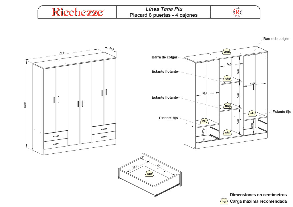 Placard Tana Più 6 Puertas 4 cajones. Colores disponibles. Línea «Tana Piu», de Ricchezze. - Imagen 2