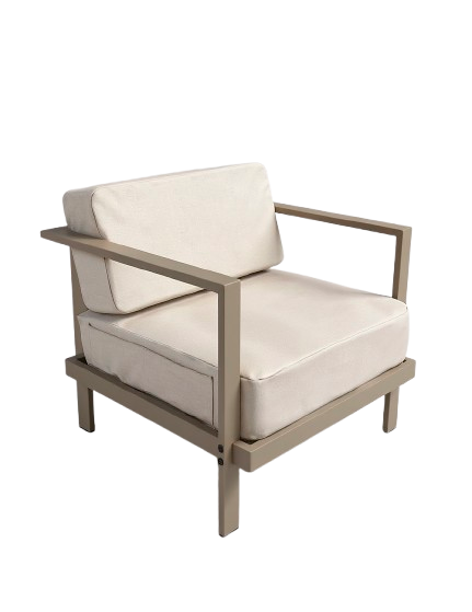 Sillón de exterior e interior metálico de 1 cuerpo, extra resistente con almohadones. Caños Blanco Vison o Negro. Línea Outdoor, de Dielfe.