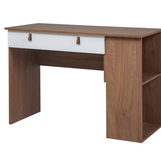 Escritorio de 110 cm de ancho, con 1 cajón y biblioteca 2 estantes. Color Roble Cognac. Línea «Leggero», de Ricchezze.