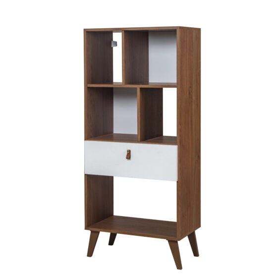 Biblioteca de 60 cm de ancho, con 5 espacios y 1 cajón. Color Roble Cognac. Línea «Leggero», de Ricchezze.