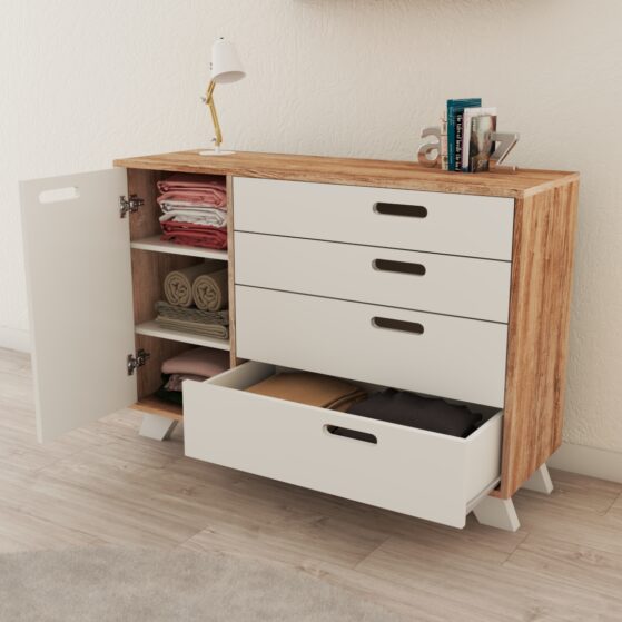 Cómoda chifonier de 4 cajones con puerta, de 1,20 mt de ancho. "NORDIC N25". De La Esperanza.