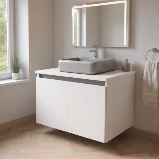 Vanitori de 62 cm de ancho, recto de baño para colgar, con bacha de apoyo. Modelo "V2P600 + MPS40", de Dielfe.